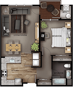 The Andover features a living and dining area, a private outdoor patio or balcony, a kitchen, one bedroom with a closet, one full bathroom, a foyer closet, a washer and dryer, and a mechanical room.