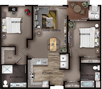 The Bryant features a living and dining area, a private outdoor patio or balcony, a kitchen, two bedrooms with closets, two full bathrooms, a foyer closet, a washer and dryer, and a mechanical room.