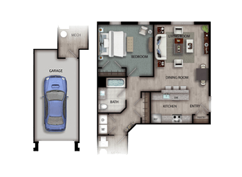 The Ellis features a living room, dining room, kitchen with pantry, one bedroom with closet, one full bathroom, a washer and dryer, mechanical room and an attached one-car garage.