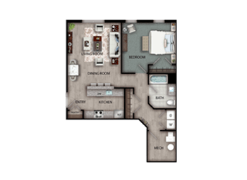 The Bay features a living room, dining room, kitchen with pantry, one bedroom, one full bathroom with closet, a washer and dryer, and a mechanical room.